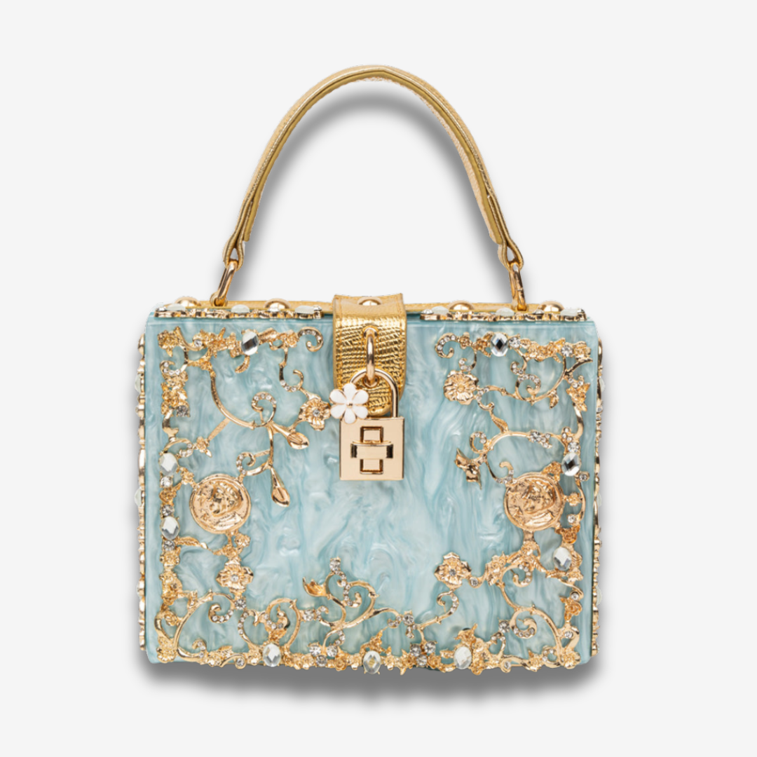 Zarqa  | Acryl Clutch mit Gold‑Blüten