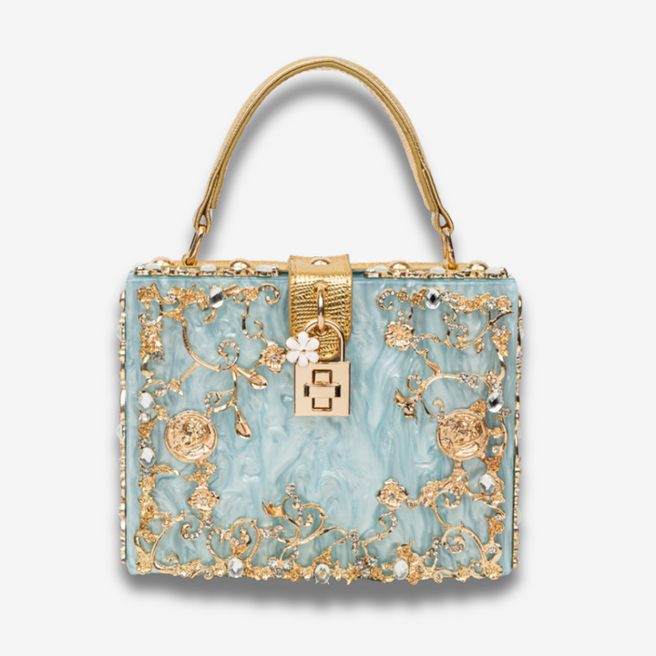 Zarqa  | Acryl Clutch mit Gold‑Blüten