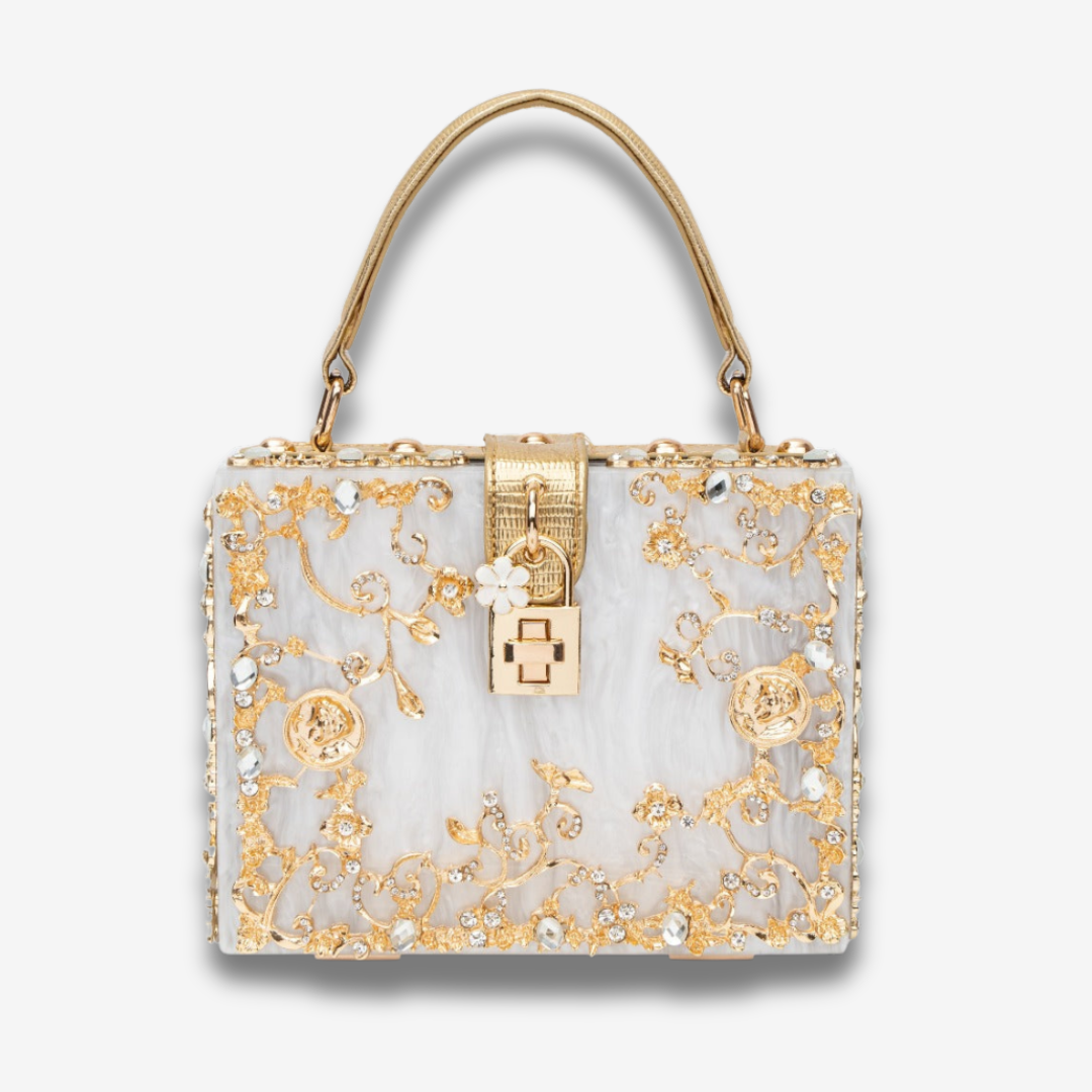 Zarqa  | Acryl Clutch mit Gold‑Blüten