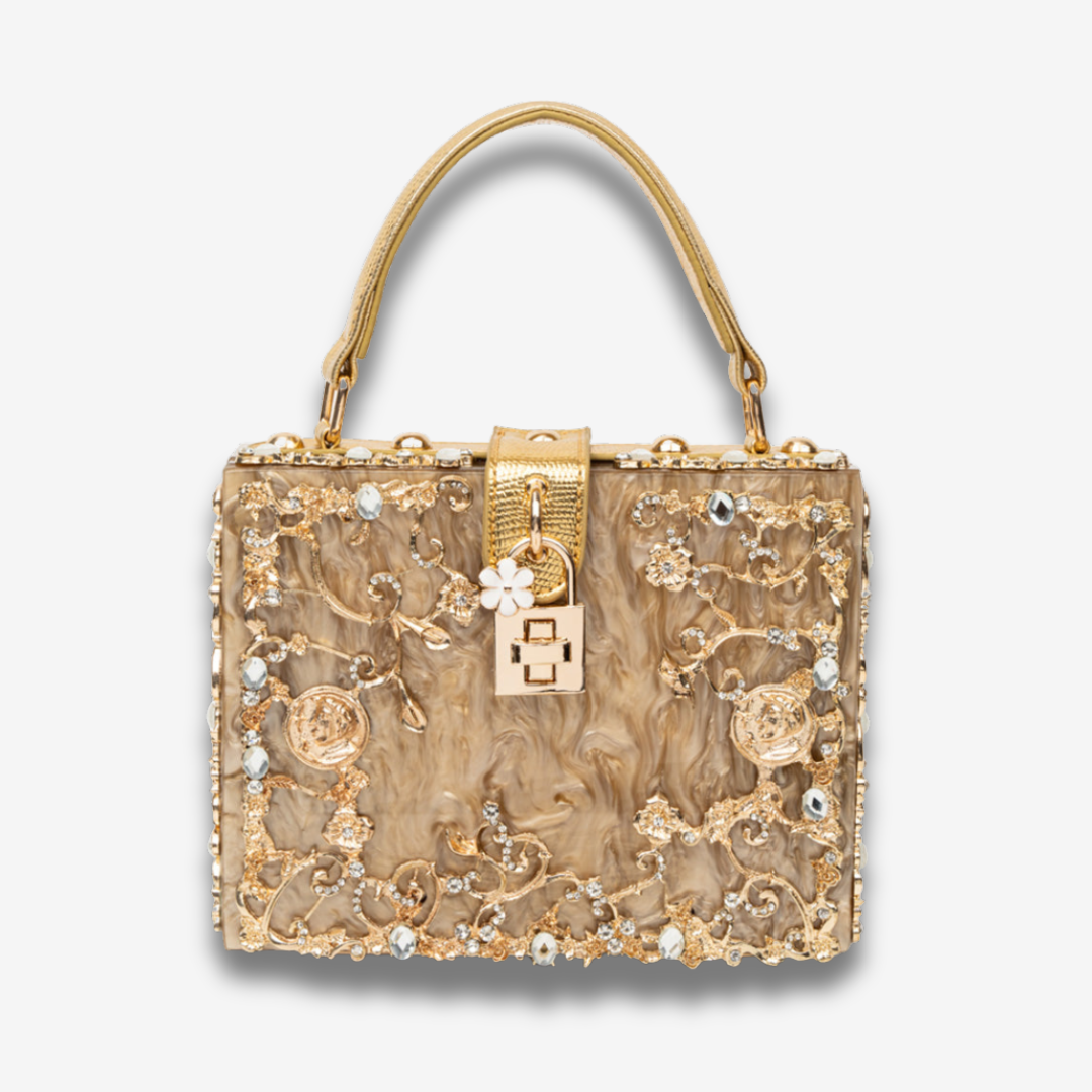 Zarqa  | Acryl Clutch mit Gold‑Blüten