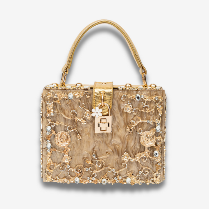 Zarqa  | Acryl Clutch mit Gold‑Blüten