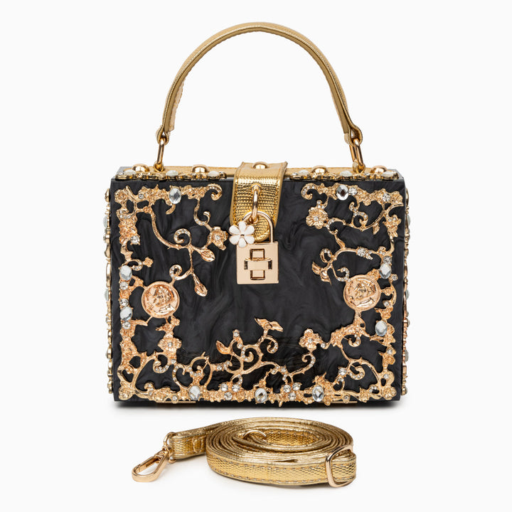 Zarqa  | Acryl Clutch mit Gold‑Blüten