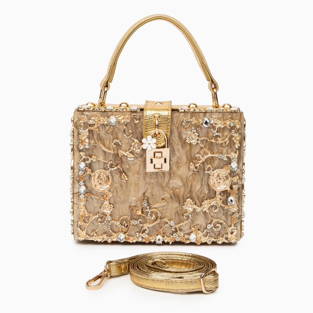 Zarqa  | Acryl Clutch mit Gold‑Blüten