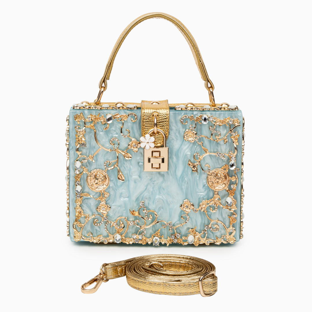 Zarqa  | Acryl Clutch mit Gold‑Blüten