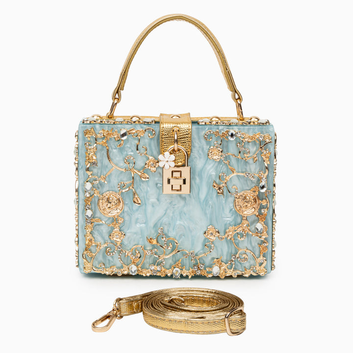 Zarqa  | Acryl Clutch mit Gold‑Blüten