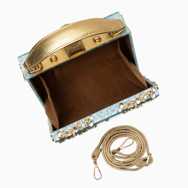 Zarqa  | Acryl Clutch mit Gold‑Blüten