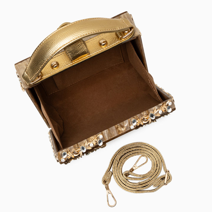 Zarqa  | Acryl Clutch mit Gold‑Blüten