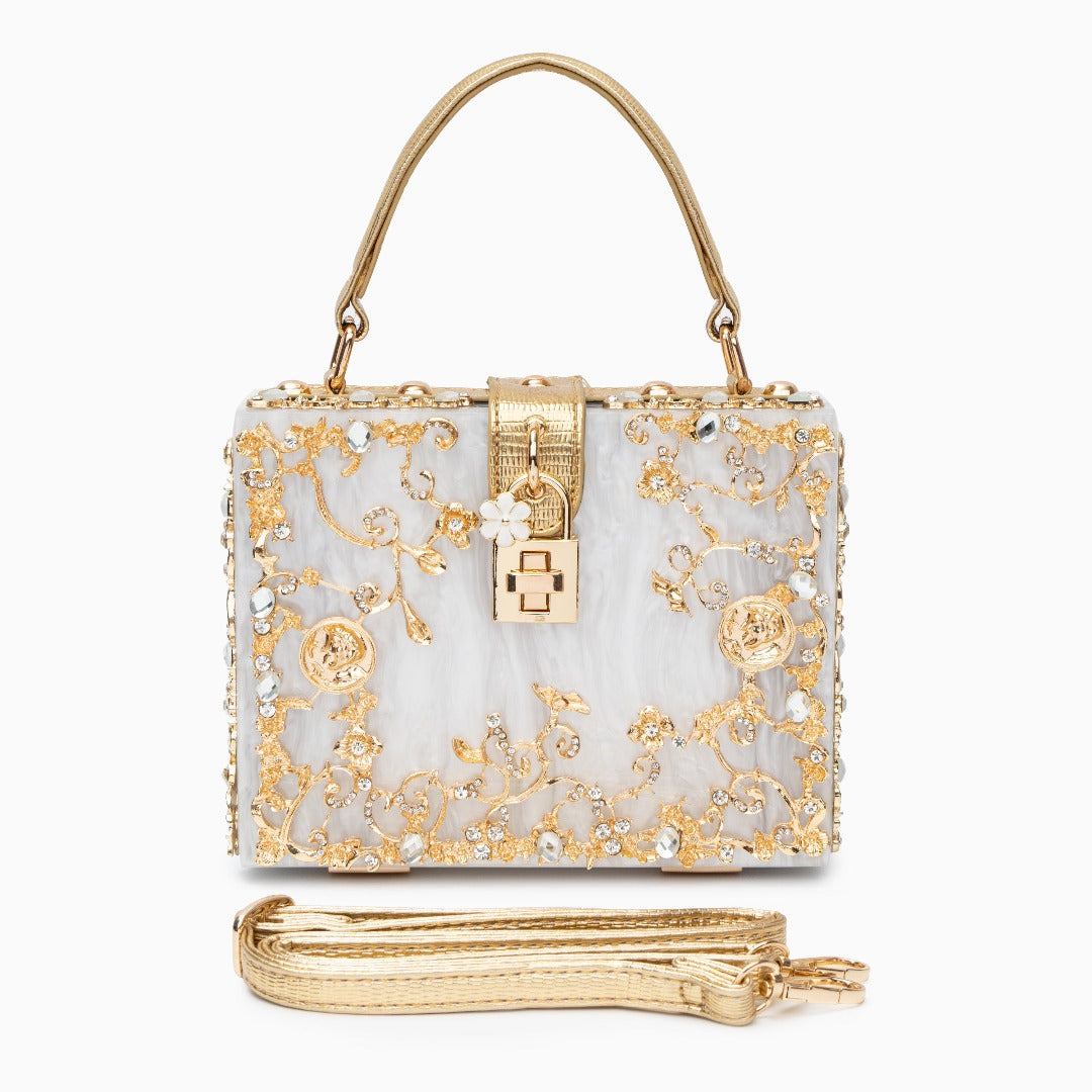 Zarqa  | Acryl Clutch mit Gold‑Blüten
