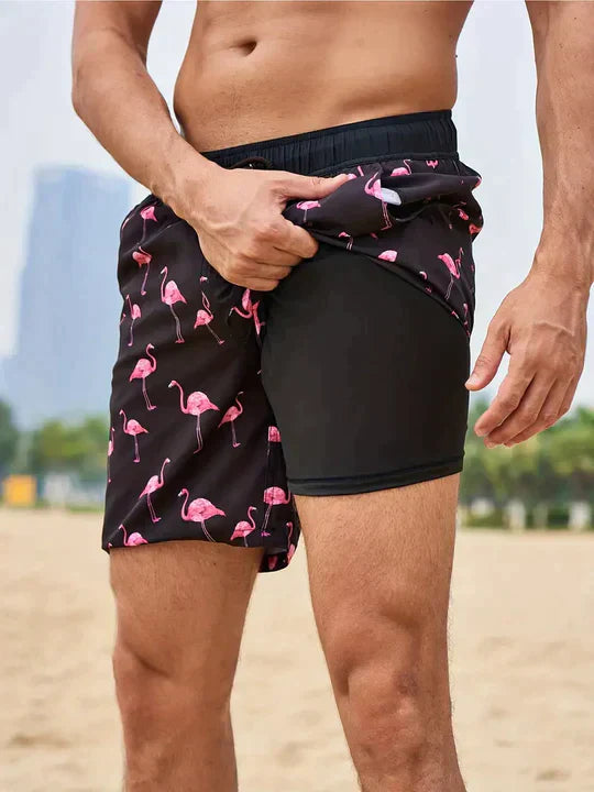 Acwulf | Schwarze Flamingo AquaFlex-Badeshorts
