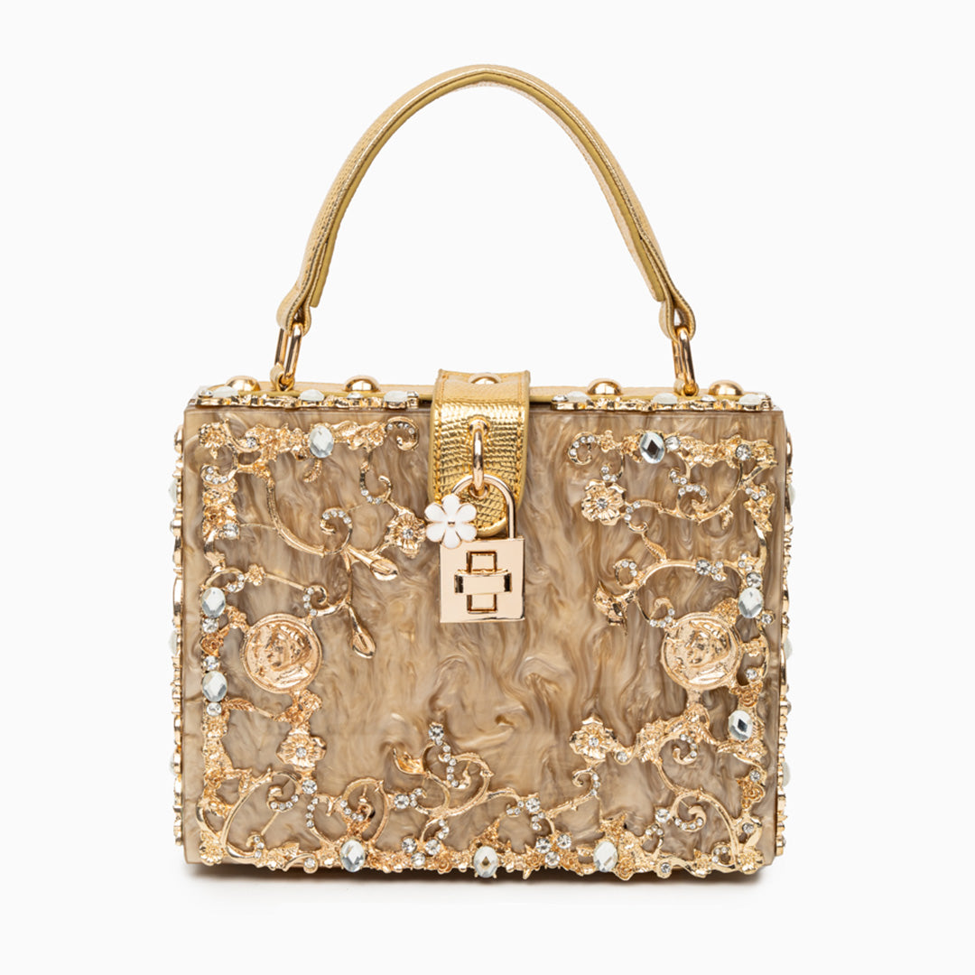 Zarqa  | Acryl Clutch mit Gold‑Blüten