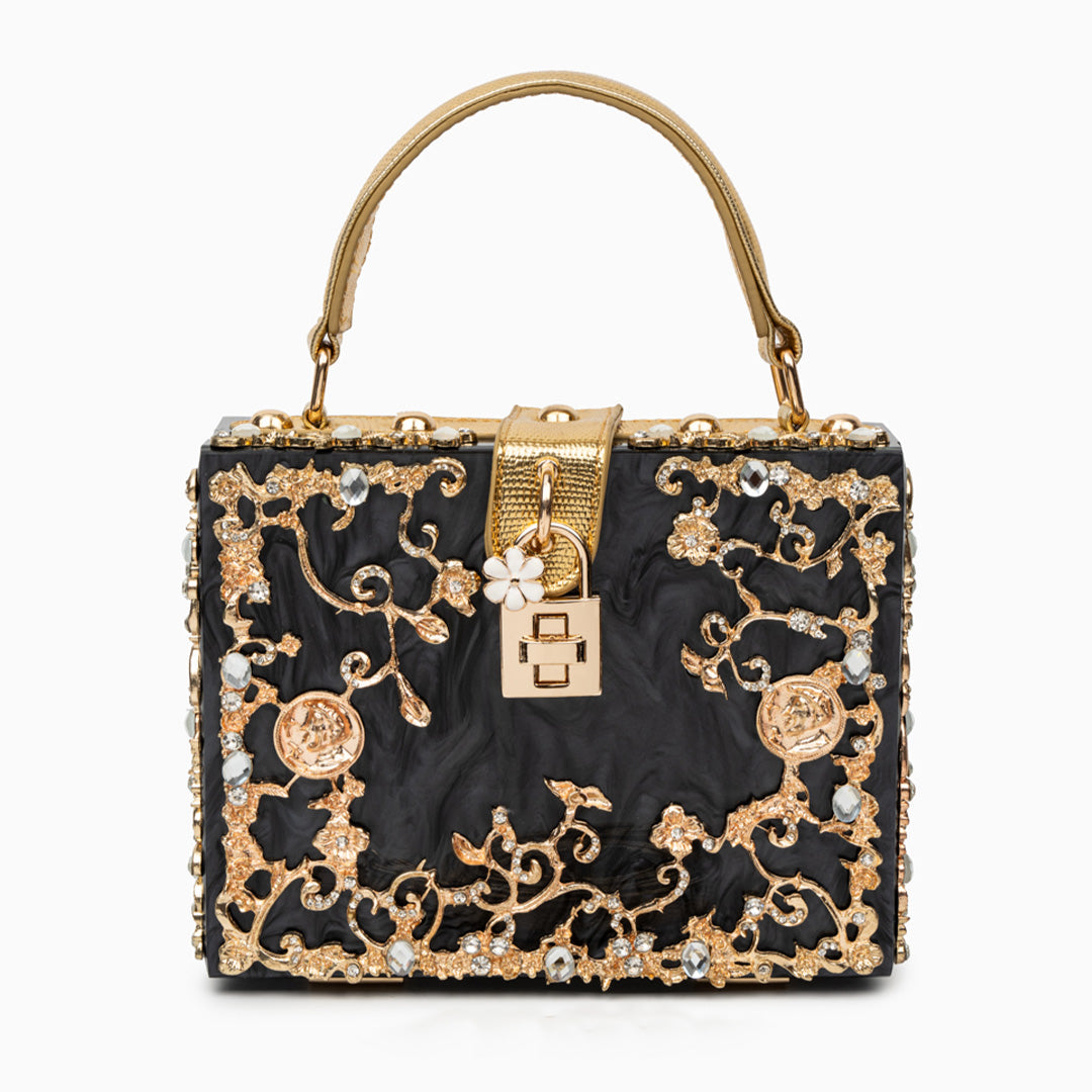 Zarqa  | Acryl Clutch mit Gold‑Blüten