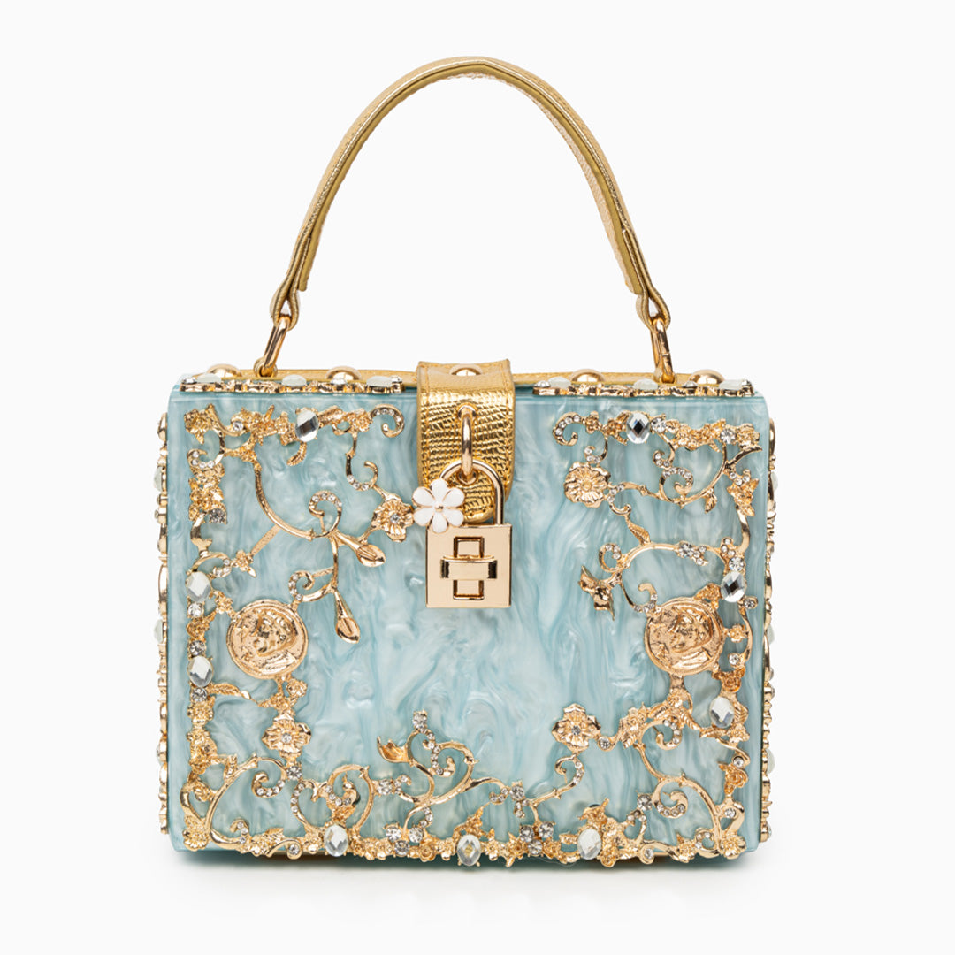 Zarqa  | Acryl Clutch mit Gold‑Blüten
