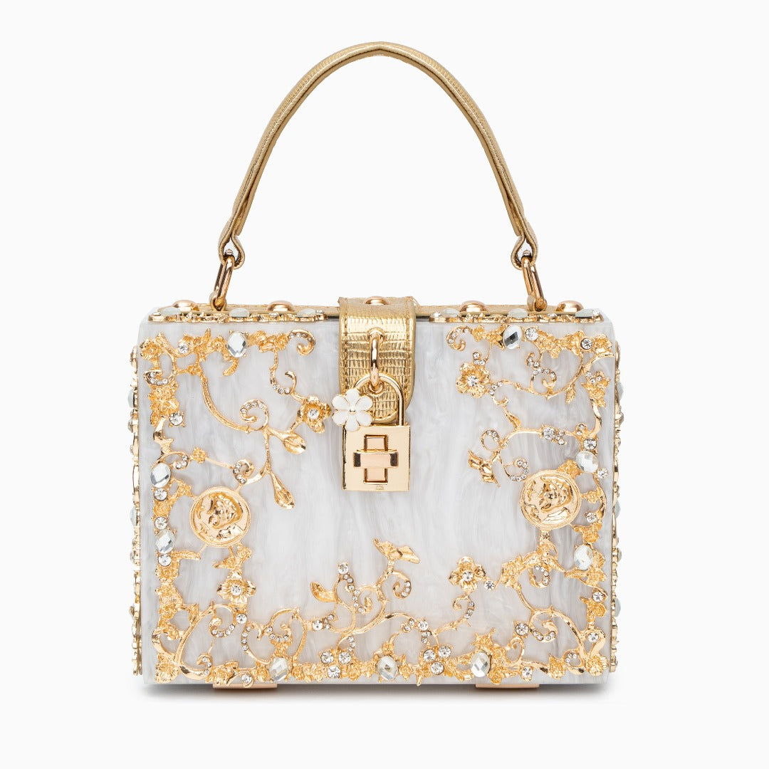 Zarqa  | Acryl Clutch mit Gold‑Blüten