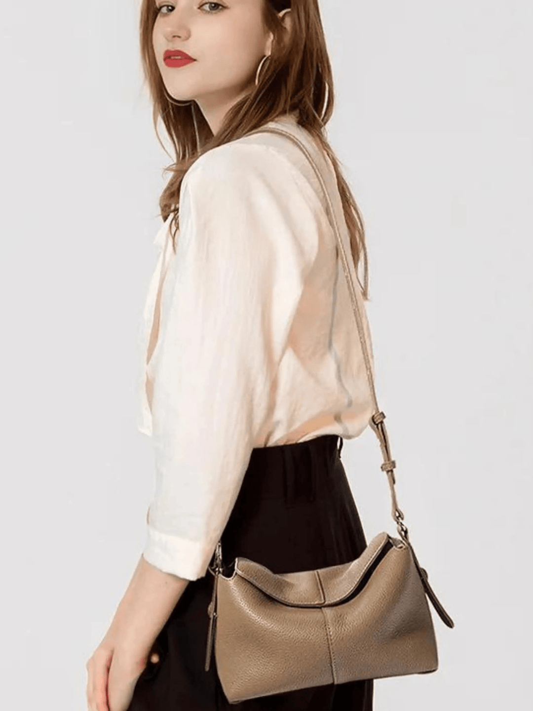 Hsinchu | Taupe Leder Schultertasche