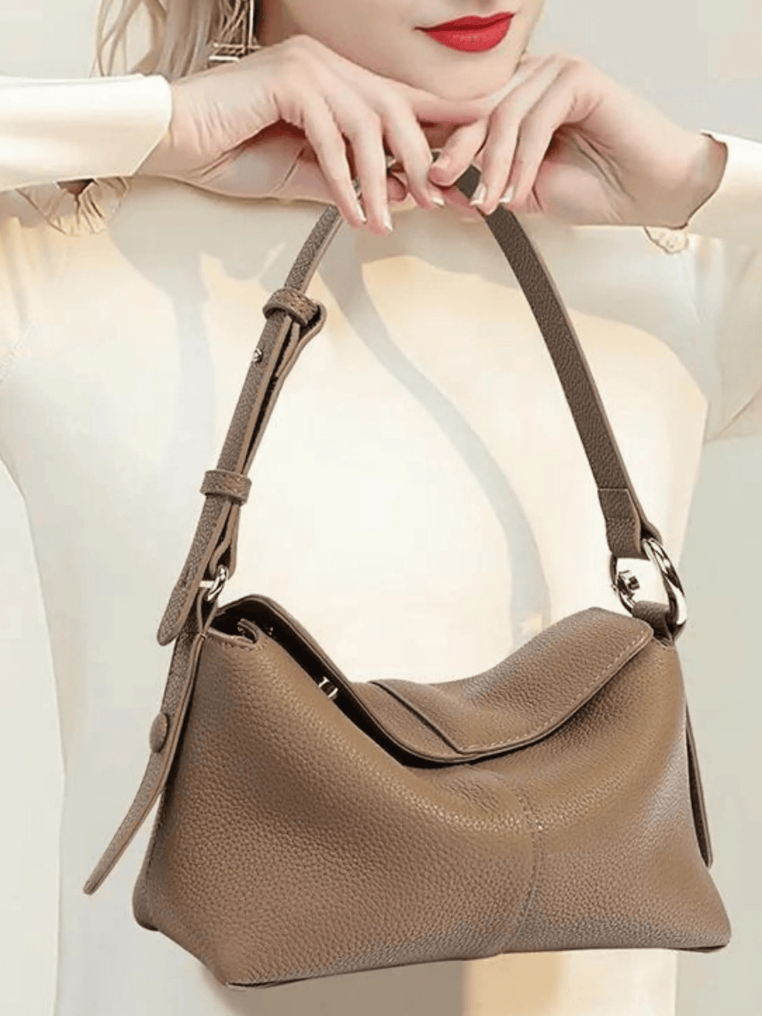 Hsinchu | Taupe Leder Schultertasche
