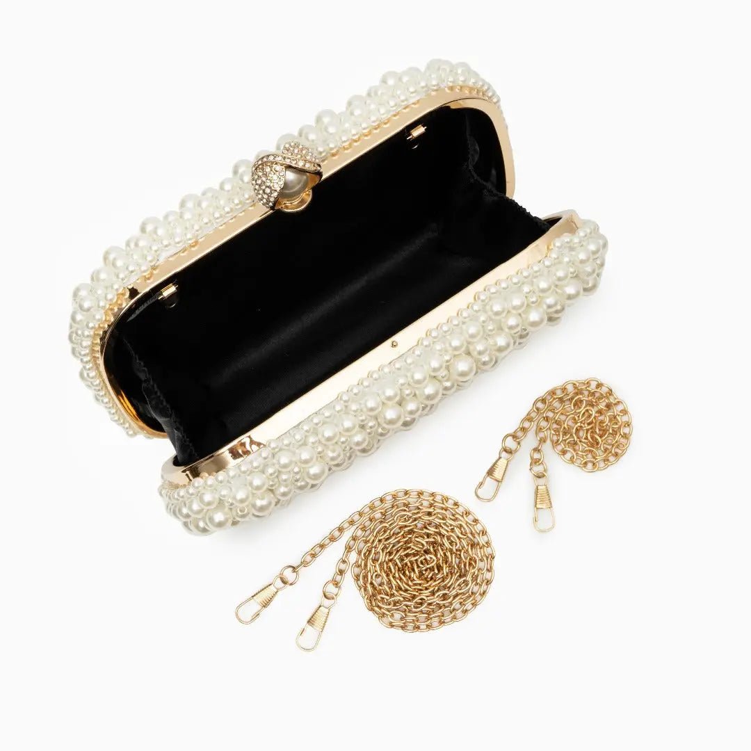 Whitehorse  | Perlen‑Clutch mit Gold‑Rahmen