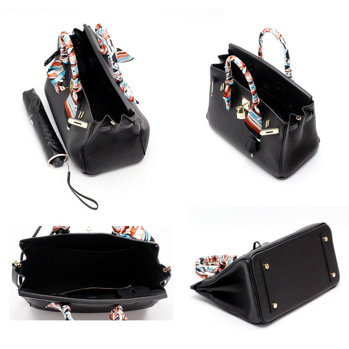 Bologna | Schwarzer strukturierter Satchel mit Scarf