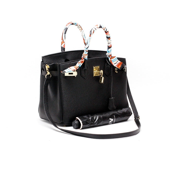 Bologna | Schwarzer strukturierter Satchel mit Scarf